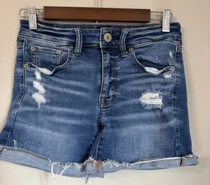 American Eagle Super Stretch Midi Denim Shorts Womens 2 Distressed Cuffed Hem thumbnail 1