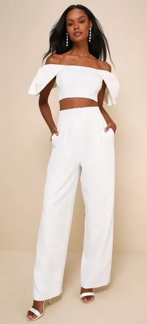 NWT Lulus Captivating Entrance White Off-the-Shoulder Two-Piece Jumpsuit Sz XS thumbnail 1