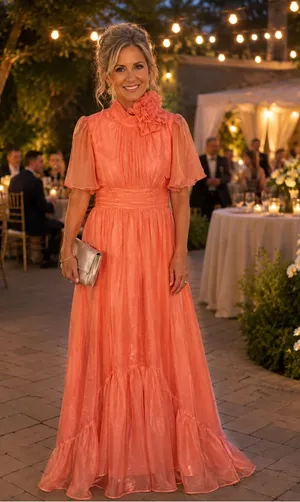Mac Duggal Coral Chiffon Dress With Floral Accent at Neck thumbnail 1