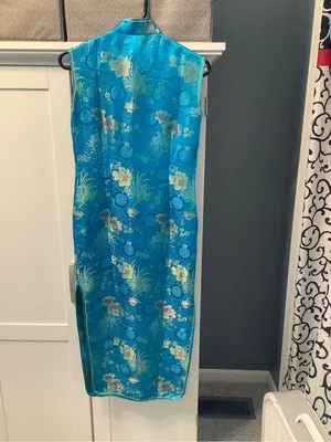 Yuexuan Qipao Dress Shanghai Style Blue Gold Floral Satin Mandarin Collar Y2K thumbnail 4