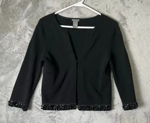 Ann Taylor Black Fine Knit Merino Cardigan Sequin Edge Trim‎ XS Minimalist thumbnail 1