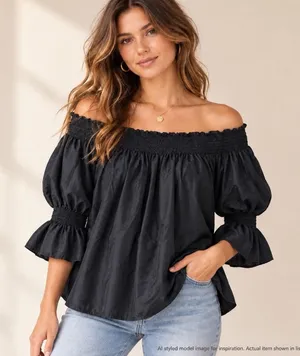 7 For All Mankind Blouse Womens M Black Silk Cotton Off Shoulder Peasant Boho thumbnail 1