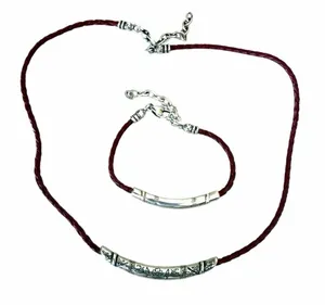 Brighton Red Braided Leather Necklace & Bracelet Set Silver Tone Floral thumbnail 1