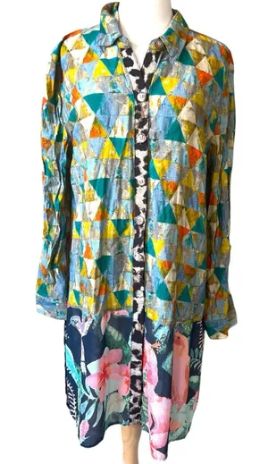 John Mark Tunic Blouse Bird Jungle Print Collared Long Sleeve Button Down Tunic thumbnail 1