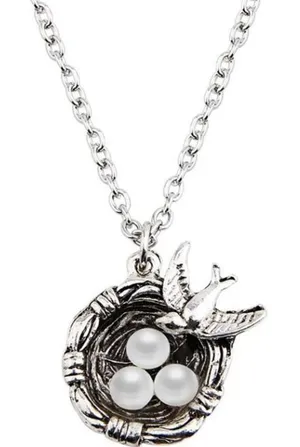 New Womens Vintage Inspired Silver Mama Bird W 3 Pearl Eggs 3 Kids Nest Necklace thumbnail 1