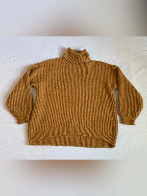 Old Navy Ribbed Turtleneck Sweater in Camel Brown Tunic Length Wool Blend thumbnail 4