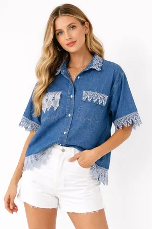 Specialtees Vintage 90s Embroidered Denim Shirt L Button Down Blue Boho thumbnail 1