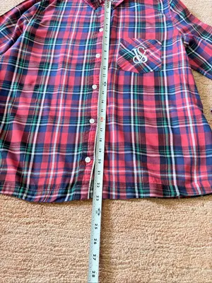 Victoria’s Secret Plaid Pajama Top Size M Gold Lurex Button Down Sleep Shirt thumbnail 3