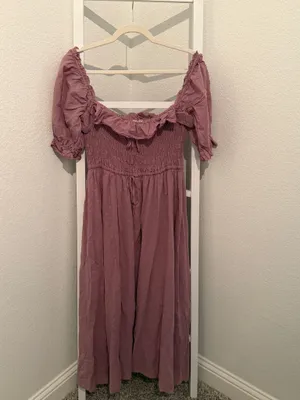 R.YIPOSHA Mauve Swiss Dot Smocked Cottagecore Midi Dress L 12/14 thumbnail 4