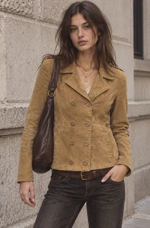 Vintage Y2K Rue21 Genuine Suede Tan Double Breasted Jacket Medium Boho thumbnail 1