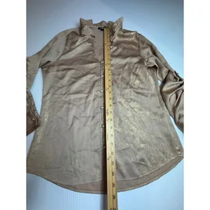 Express Womens Gold Metallic Foil Ruffle Neck Button Front Blouse Top Medium‎ thumbnail 3