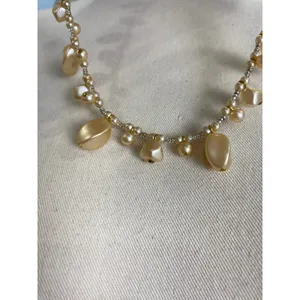 Gold Pearl Drop Beaded‎ Necklace Champagne Teardrop Beads Elegant Statement thumbnail 2