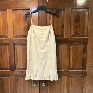Elodie Linen Blend Cami‎ Mini Dress Tan Beige Ruffle Hem Large NWT thumbnail 2