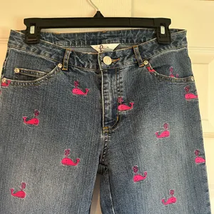 Vintage Lily Pulitzer blue mid rise boot cut jeans size 2 pink whale nautical thumbnail 2