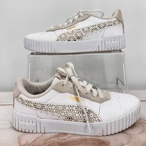 Puma Carina 2.0 Laser Cut Flowers Sneakers White Gold Logos Athletic Feminine 7 thumbnail 3