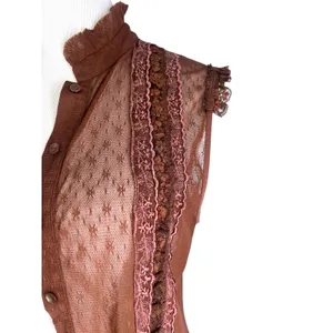 Faded Glory Vintage 2000's L top blouse brown sheer mesh top ruffle embroidered cottage core thumbnail 2
