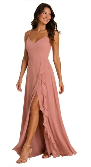 Birdy Grey Theresa Chiffon Gown Size L Ruffle Bridesmaid Dress Dusty Rose NWT thumbnail 1