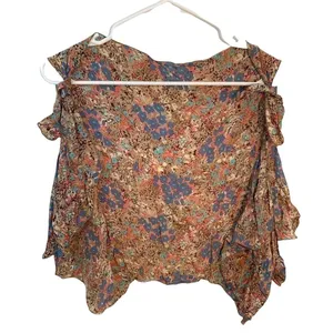 Women's Sleeveless Open Blouse Tie Strap Ruffle‎ Tan Blue Pink Teal Floral thumbnail 1