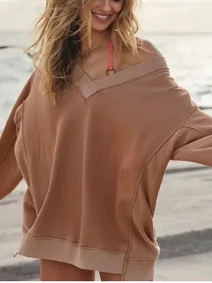 Aerie Vacay Every Day Women’s Oversized V-Neck Sweater in Light Brown Size Small thumbnail 1