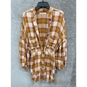 Free People Women Dress XS Brown Plaid Balloon Sleeve Mini Shirt Dress thumbnail 5