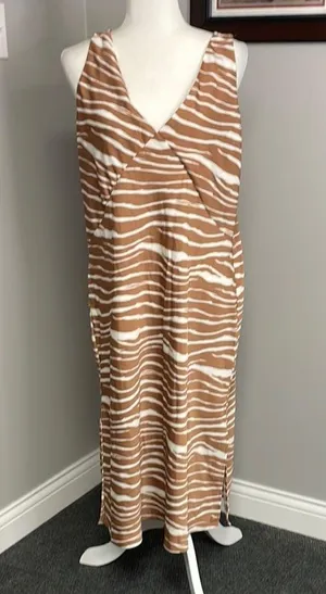 NWT A New Day Khaki Satin Maxi V-Neck Slip Dress Zebra Stripes Sexy Slinky Large thumbnail 1