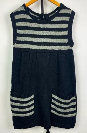 LUX Black Gray‎ Striped Knit Empire Waist Sleeveless Babydoll Sweater Dress thumbnail 1
