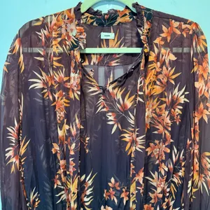 🍁 Warm New York‎ Floral Semi Sheer Neck Tie Blouse Burgundy Long Sleeve Elastic thumbnail 4