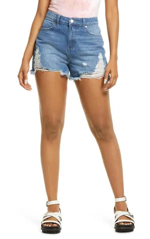 BP High Waist Destroyed Cotton Denim Shorts Medium Wash NWT Size 30 thumbnail 1