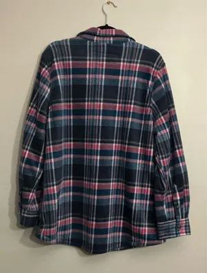 Modern Pink Blue Plaid Sherpa Lined Button Down Flannel Shirt Jacket thumbnail 10