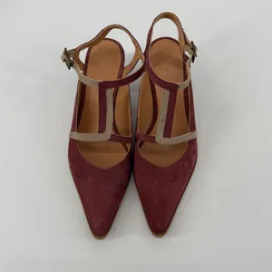 Sundance Women Burgundy Suede T-Strap Pointed Toe Block Heel Pumps Shoes‎ thumbnail 2