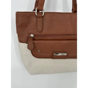 Stone Mountain Tote Bag‎ Purse Brown Ivory Canvas Faux Leather Shoulder Bag thumbnail 2