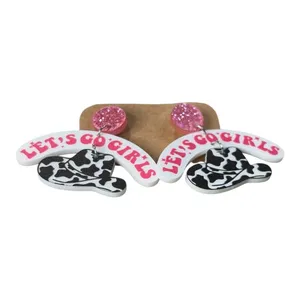 Let's Go Girls Earrings Women OS Pink Cow Print Western Acrylic Dangle Nashville thumbnail 3