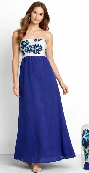 Missy Robertson Strapless Maxi Dress Large Blue Embroidered Floral Boho Summer thumbnail 1