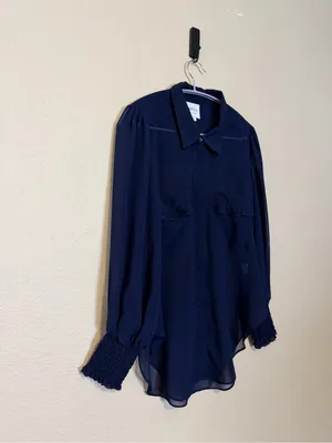 Misa Los‎ Angeles Navy Blue Sheer Ruffle Blouse Size Small thumbnail 2