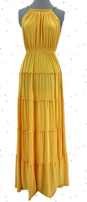 Yellow Goddess Maxi Dress Gold Rope Halter Tiered Long Resort T Bags LA Size S thumbnail 1