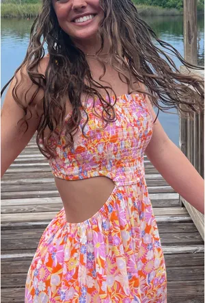 Sky to Moon Colorful Floral Romper w/ Cut-out thumbnail 1