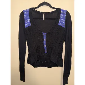 Free People Black Mixed Media Crochet Pointelle Peplum Cardigan Sweater S Indie thumbnail 6