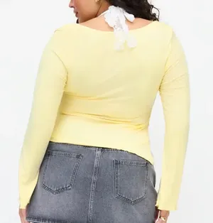 Cider Pale Yellow Long Sleeve Lace-Trim Crop Top thumbnail 2