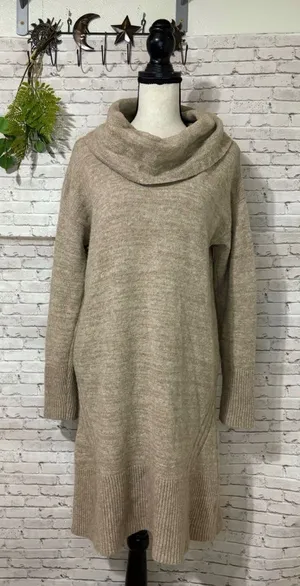 Anthropologie Light Tan Oatmeal Wool Blend Turtleneck Sweater Dress thumbnail 1