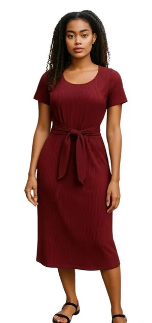 Ribbed Tie Front Midi Dress Burgundy Size Small thumbnail 1