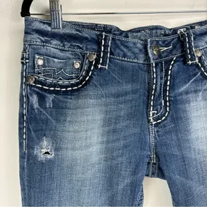 Miss Me Irene Bootcut Jeans Sz 31 Womens Distressed Faded Stitch Denim thumbnail 5