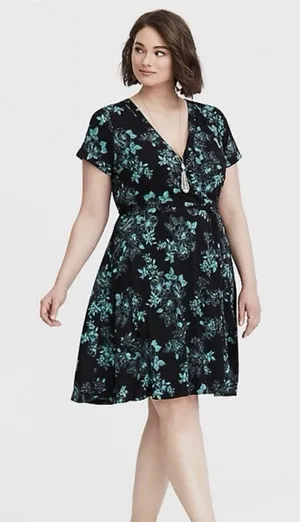 Torrid Black Aqua Floral Jersey Knit Faux Wrap Surplice Dress‎ Size 2X thumbnail 1