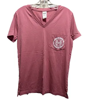 VS PINK Mauve V Neck Short Sleeve Top‎ Size XS Logo Pocket Casual Graphic Back thumbnail 1