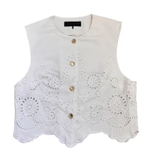 Zara Embroidered Eyelet Vest Top Womens S‎ White Cotton Scalloped Gold Buttons thumbnail 1