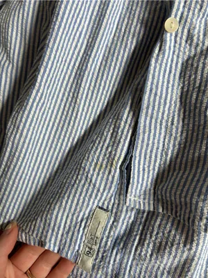 Jill Mogowan blue white striped button down shirt USA cotton small see stains thumbnail 3