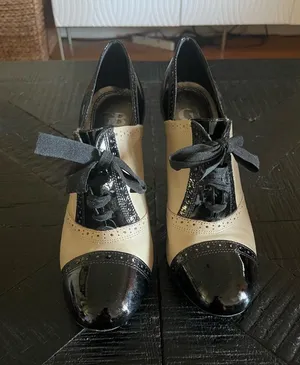 Gianni Bini Victorian Black and Cream Oxford Tie Up Heel Booties Size 8.5 thumbnail 1