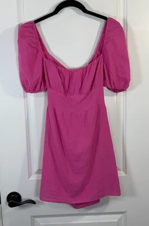 Hello Molly Best Weekend Pink Puff Sleeve Tie Back Mini Dress Size 4 thumbnail 1
