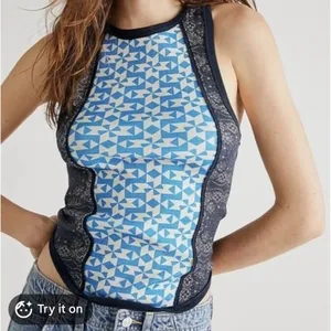Free People We The Free Too Hot To Handle Tank Top Blue Geometric Paisley Medium thumbnail 1
