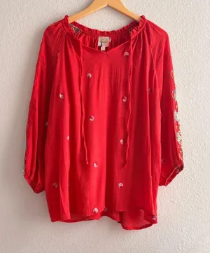 Fig & Flower Anthropologie Red Boho Embroidered Floral Peasant Blouse Womens 2X thumbnail 1
