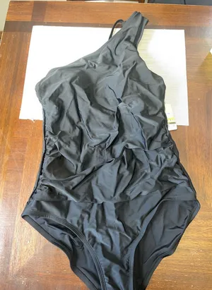 Women’s One Shoulder Black One Piece Swimsuit Ruched Tummy Control Size Large thumbnail 1